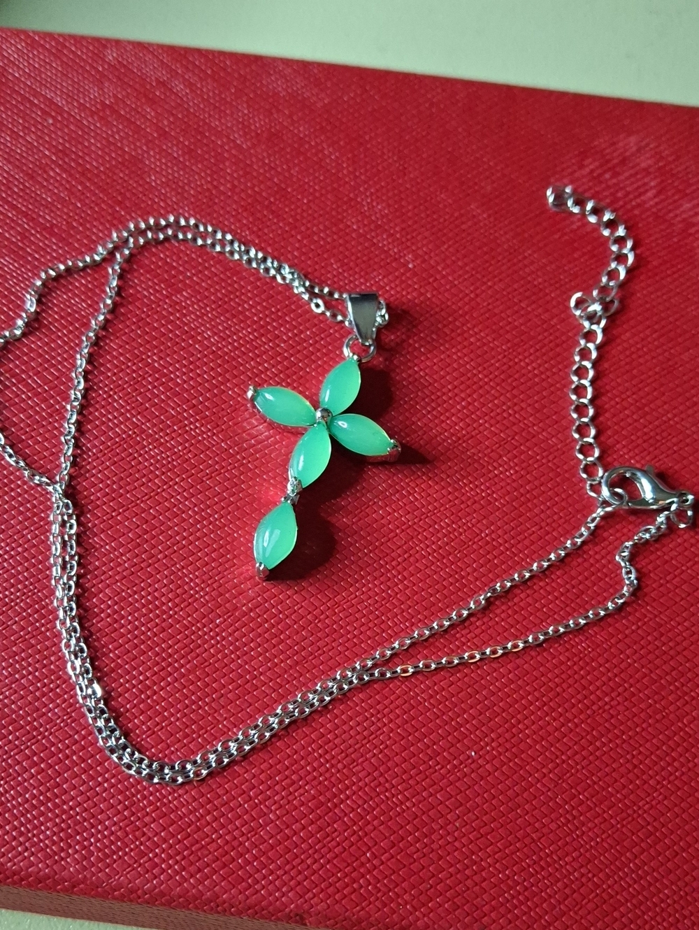 Cross Silver Tone Blueish Green Necklace New